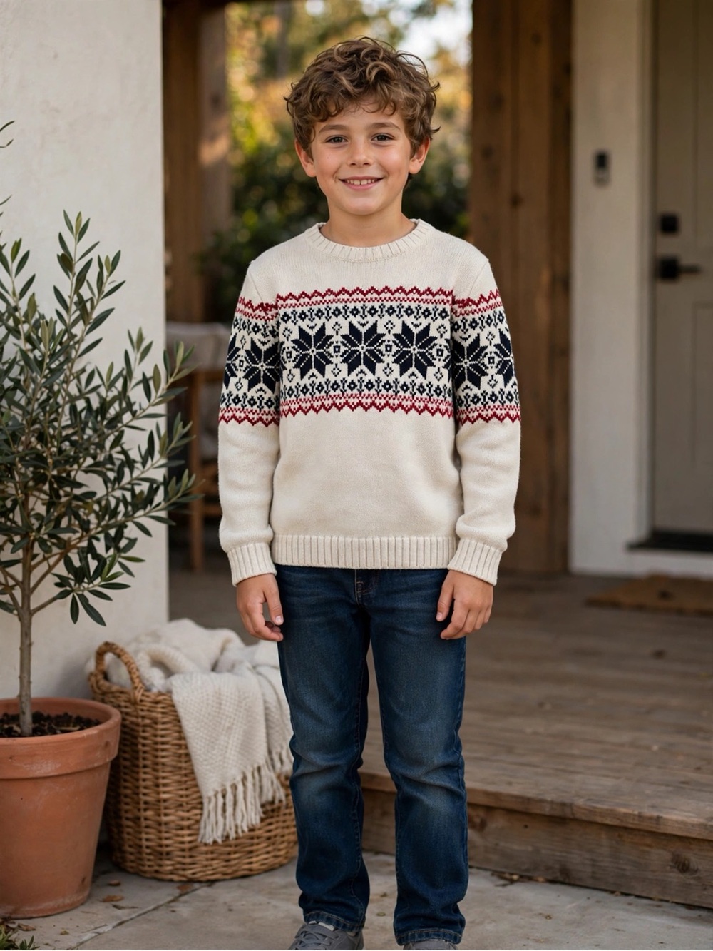 SKYR KIDS FAIR ISLE NORDIC SNOWFLAKE SWEATER CREAM NAVY RED HOLIDAY SIZE 7